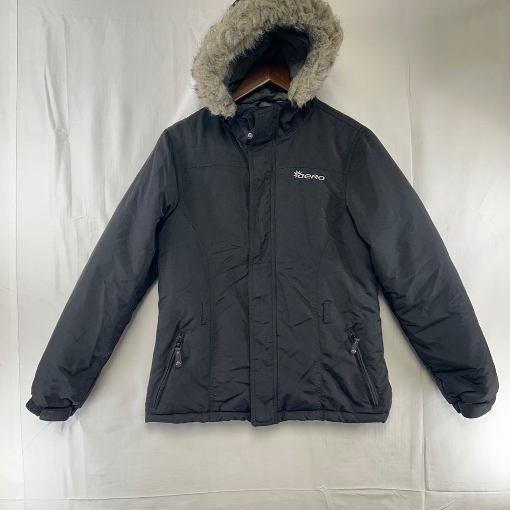 Aeropostale Puffer Jacket Women Small Black Faux Fur Trim Down Fill Hooded